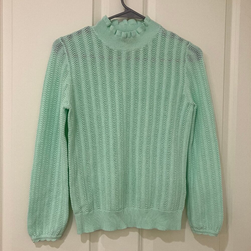Mint Green J. Crew Pointelle Sweater with Ruffled Collar